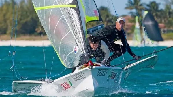 Nathan Outteridge and Iain Jensen power their 49er through choppy water during a regatta