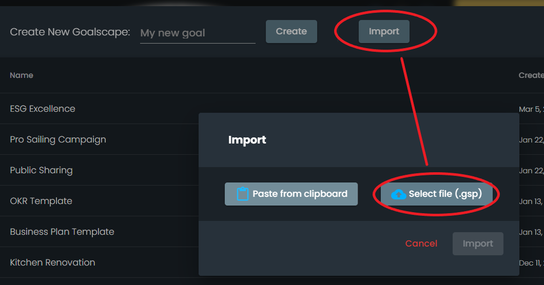 Import dialog in the Goalscape web app with the Select file gsp option highlighted