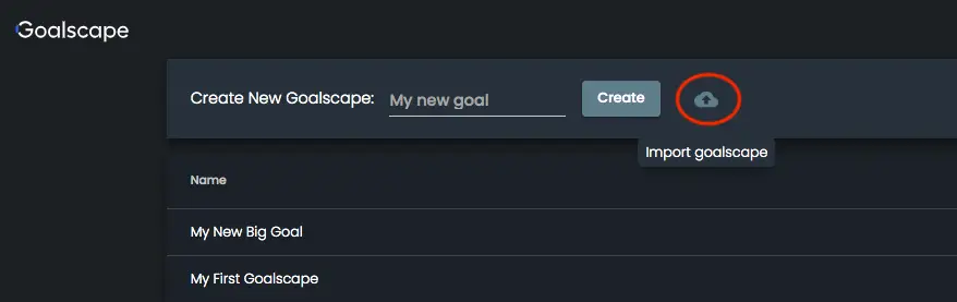 Import goalscape button highlighted in the Goalscape Home screen