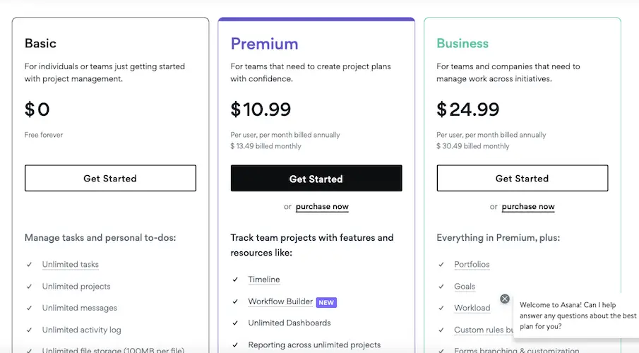 Asana pricing table
