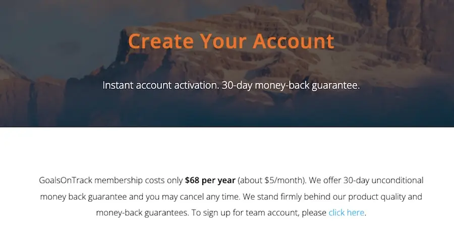 GoalsOnTrack pricing page