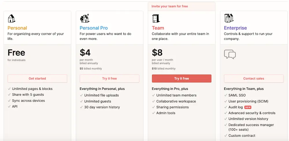 Notion pricing table