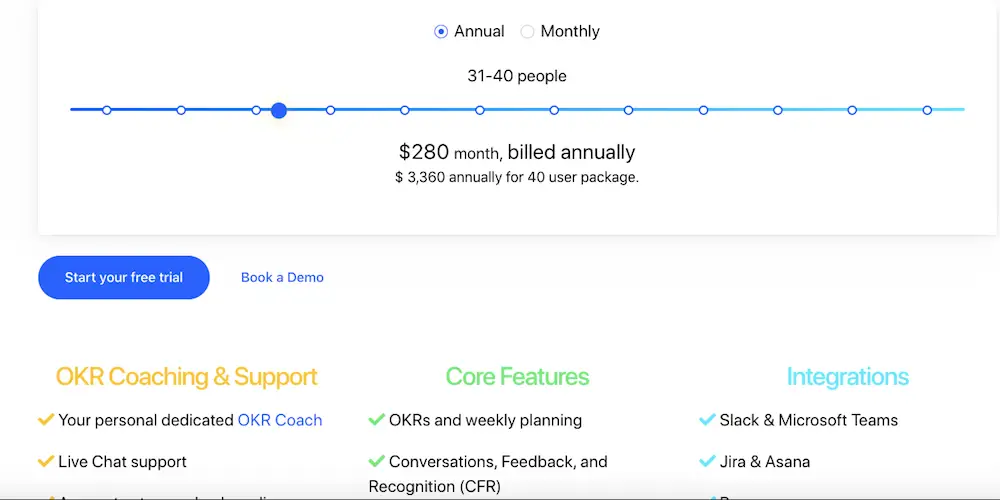 Weekdone pricing table